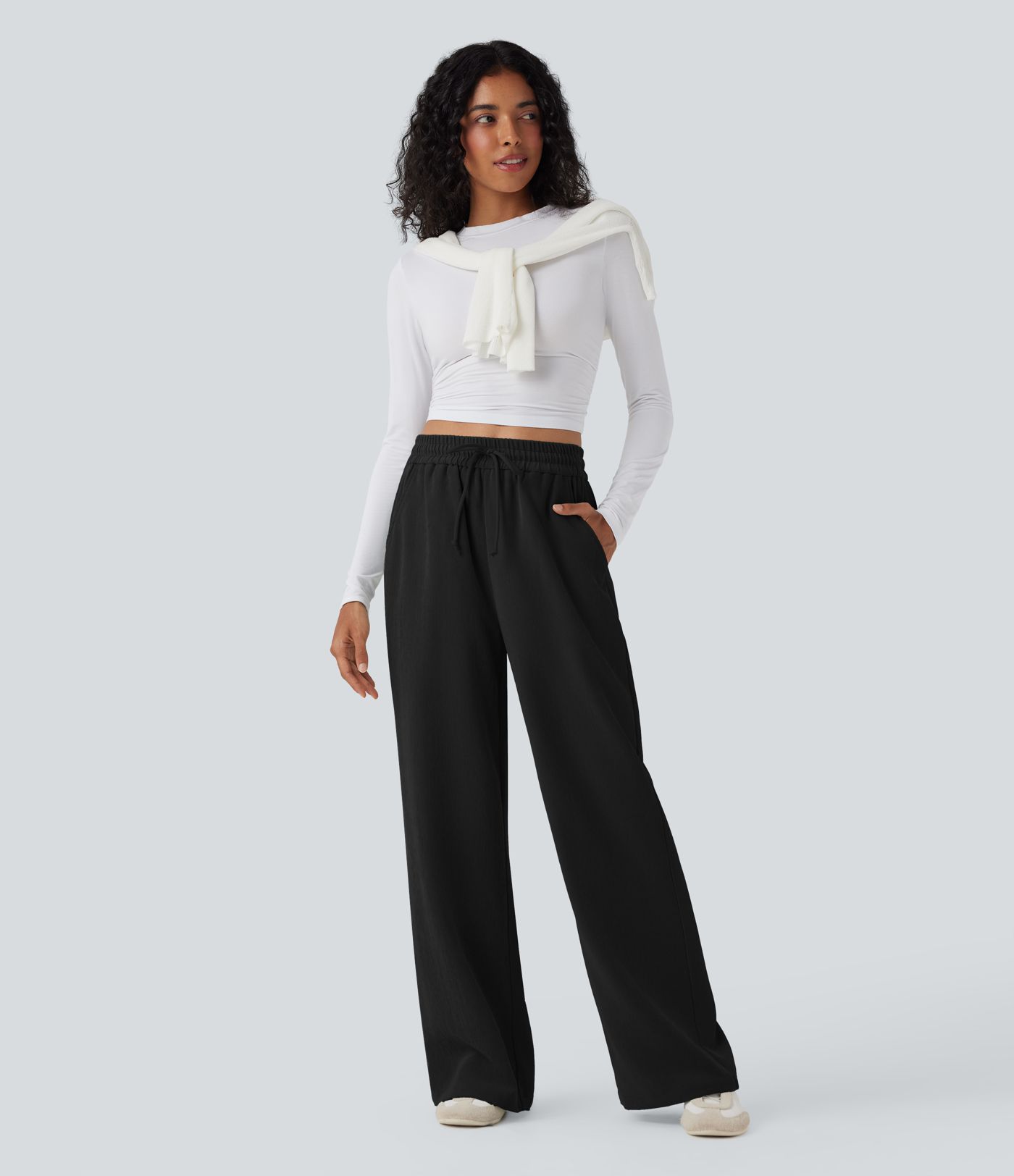 High Waisted Drawstring Wide Leg Casual Pants with Pockets