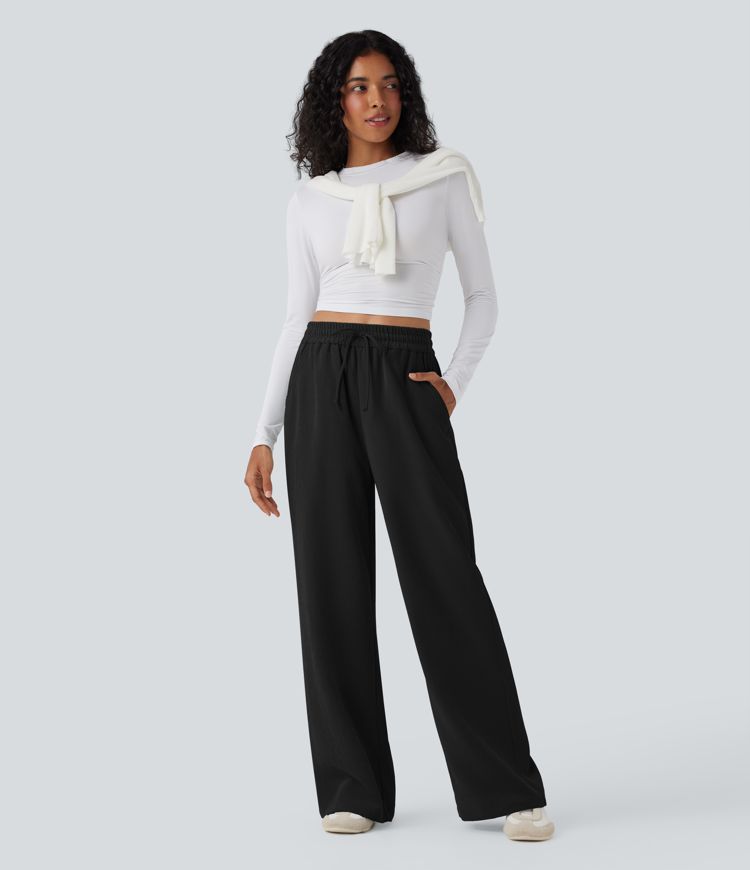 High Waisted Drawstring Wide Leg Casual Pants with Pockets