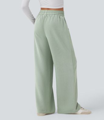 High Waisted Drawstring Wide Leg Casual Pants with Pockets