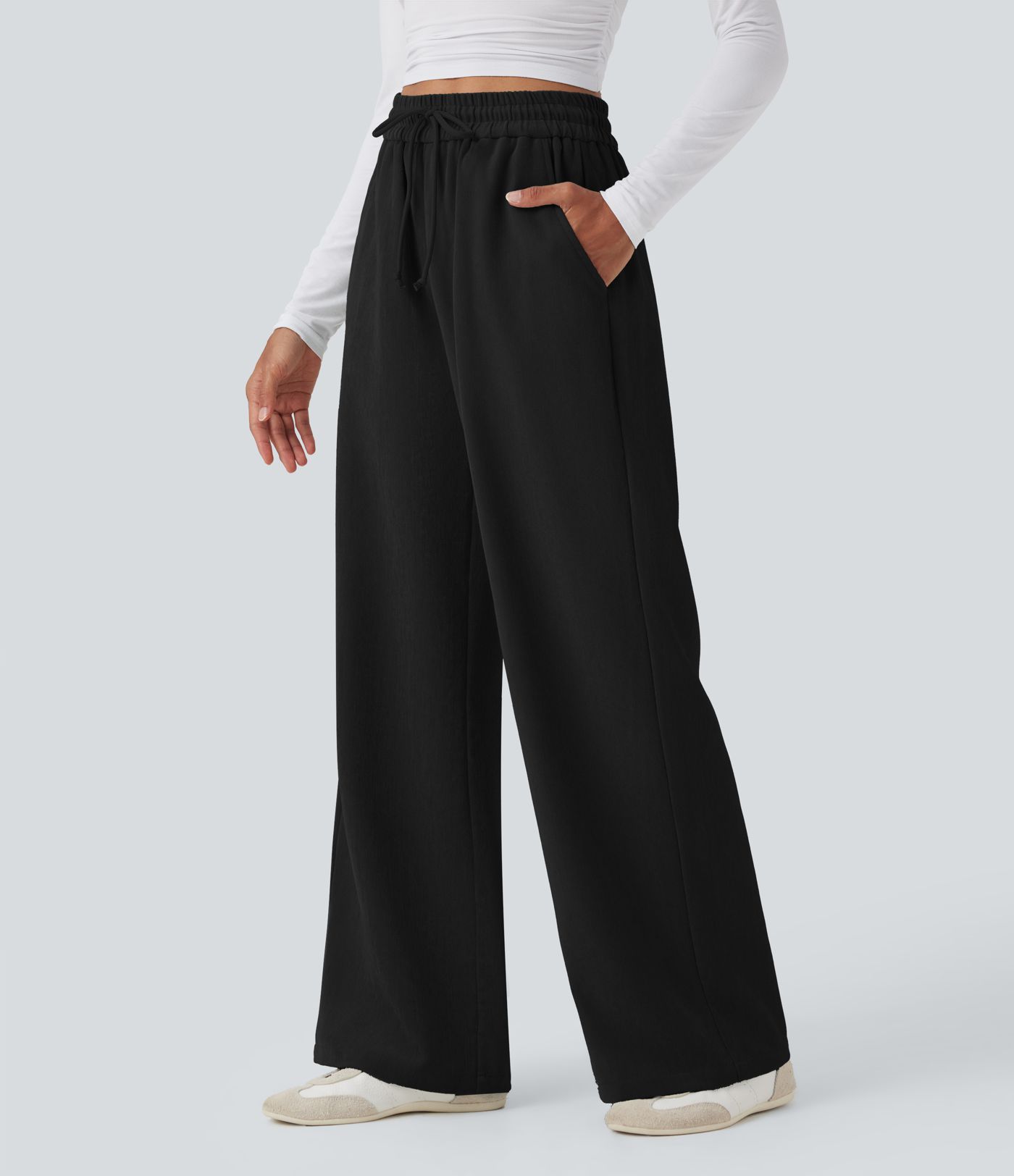 High Waisted Drawstring Wide Leg Casual Pants with Pockets