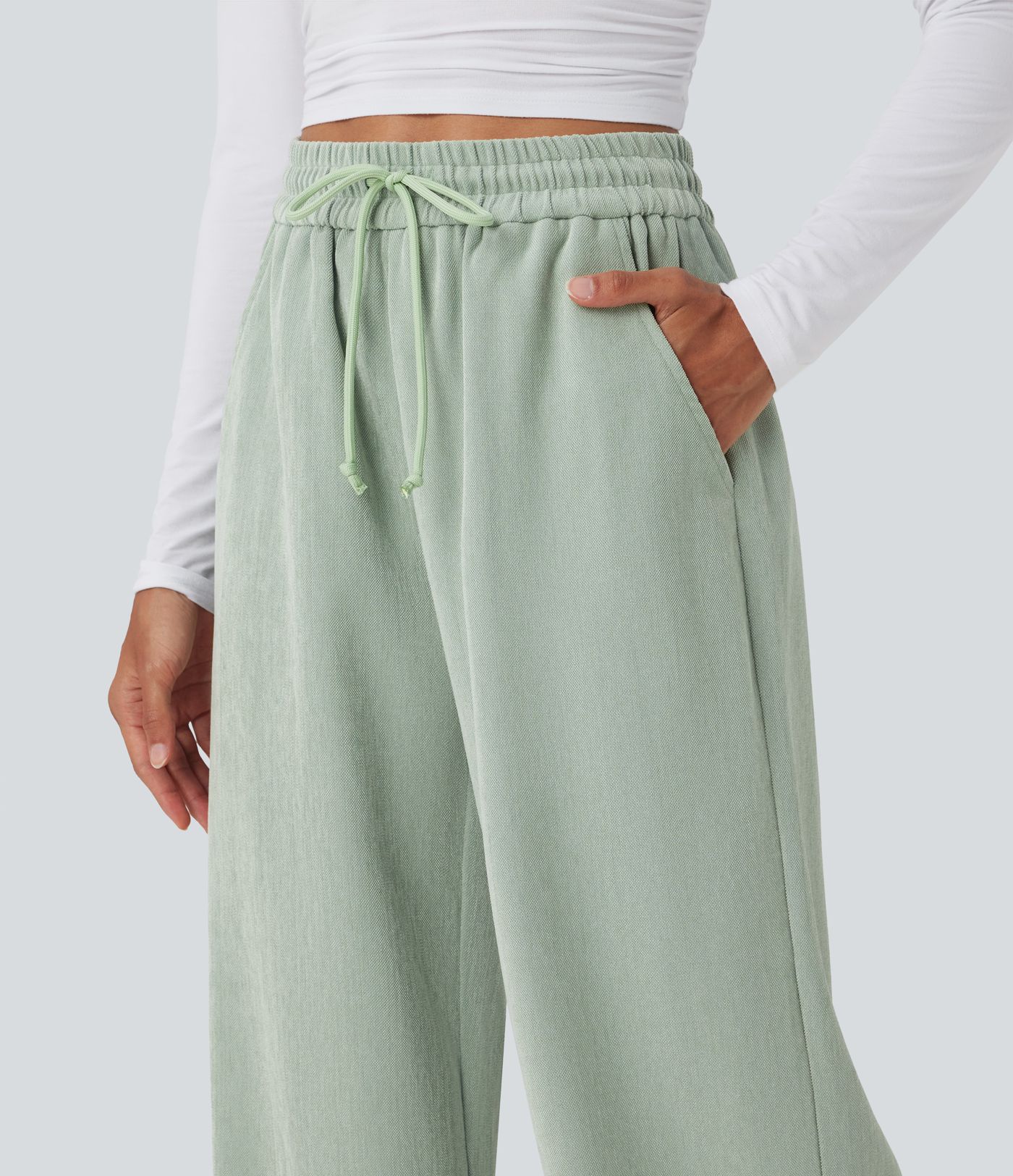 High Waisted Drawstring Wide Leg Casual Pants with Pockets