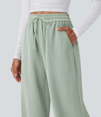 High Waisted Drawstring Wide Leg Casual Pants with Pockets