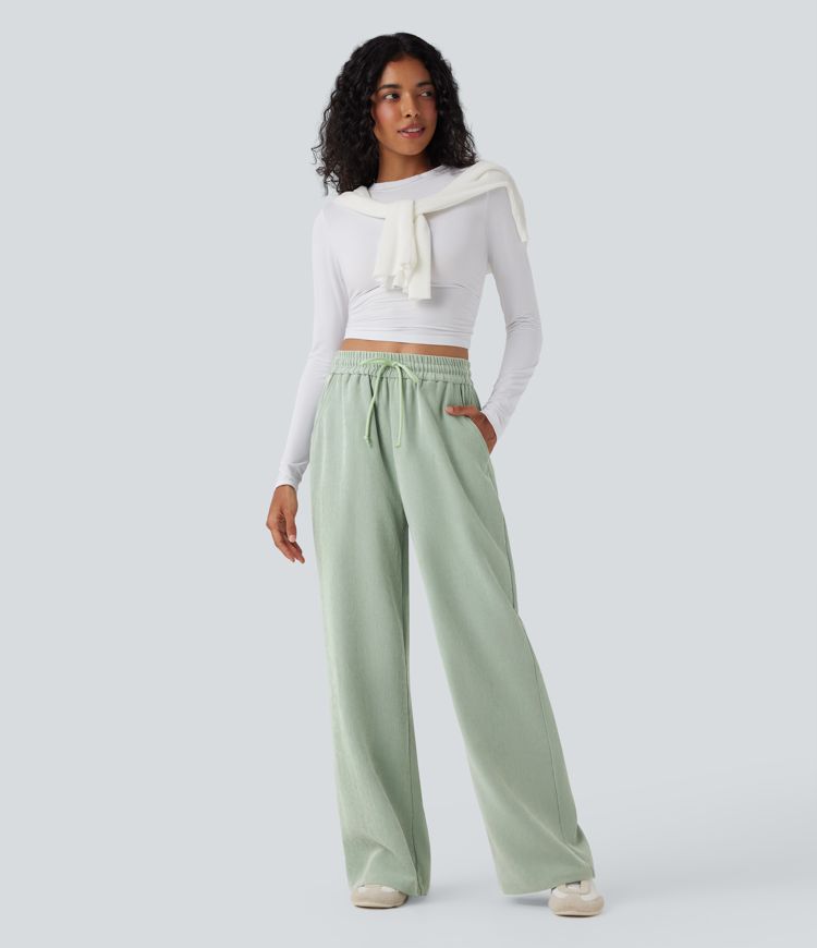 High Waisted Drawstring Wide Leg Casual Pants with Pockets