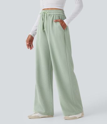 High Waisted Drawstring Wide Leg Casual Pants with Pockets