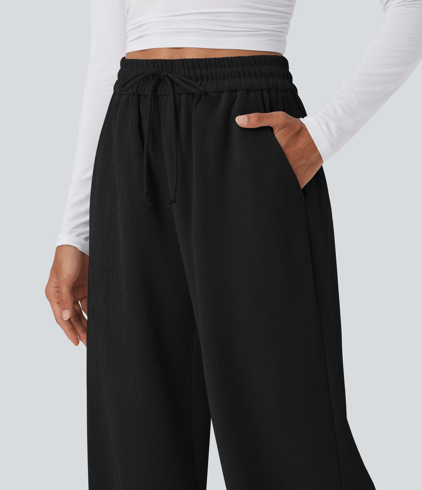 High Waisted Drawstring Wide Leg Casual Pants with Pockets