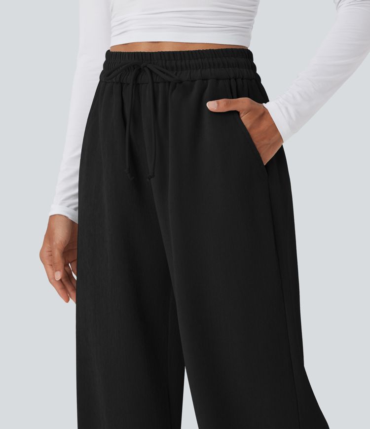 High Waisted Drawstring Wide Leg Casual Pants with Pockets