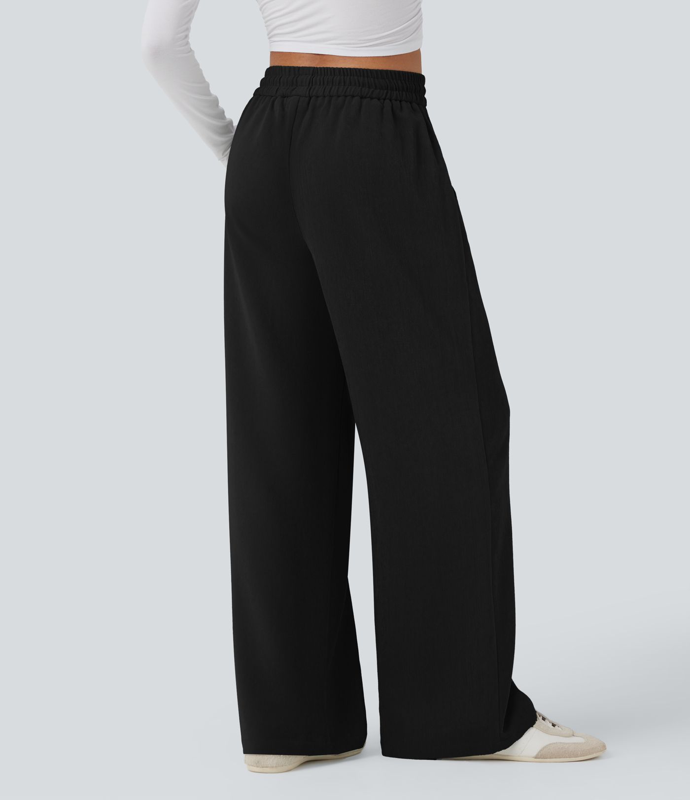 High Waisted Drawstring Wide Leg Casual Pants with Pockets