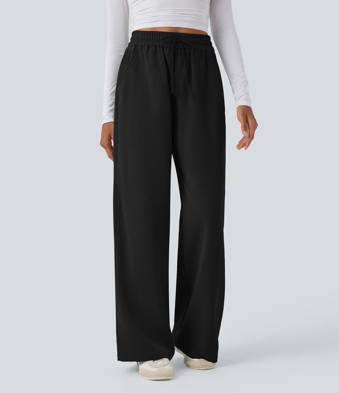 Womens Drawstring Elastic Waist Wide Leg Pants Full Length Solid Color Trousers With Pockets Black