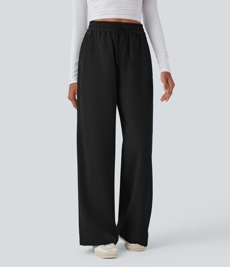High Waisted Drawstring Wide Leg Casual Pants with Pockets