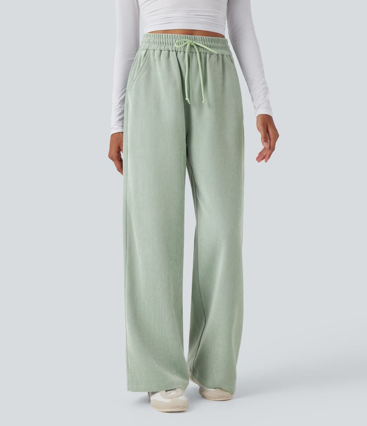 High Waisted Drawstring Wide Leg Casual Pants with Pockets