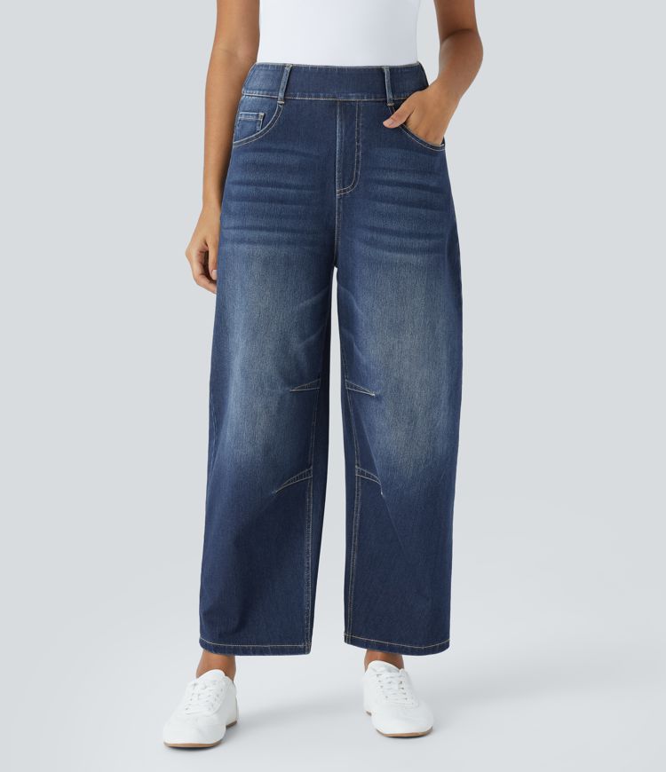 HalaraMagic™ Mid Rise Multiple Pockets Barrel Leg Stretchy Knit Casual Jeans
