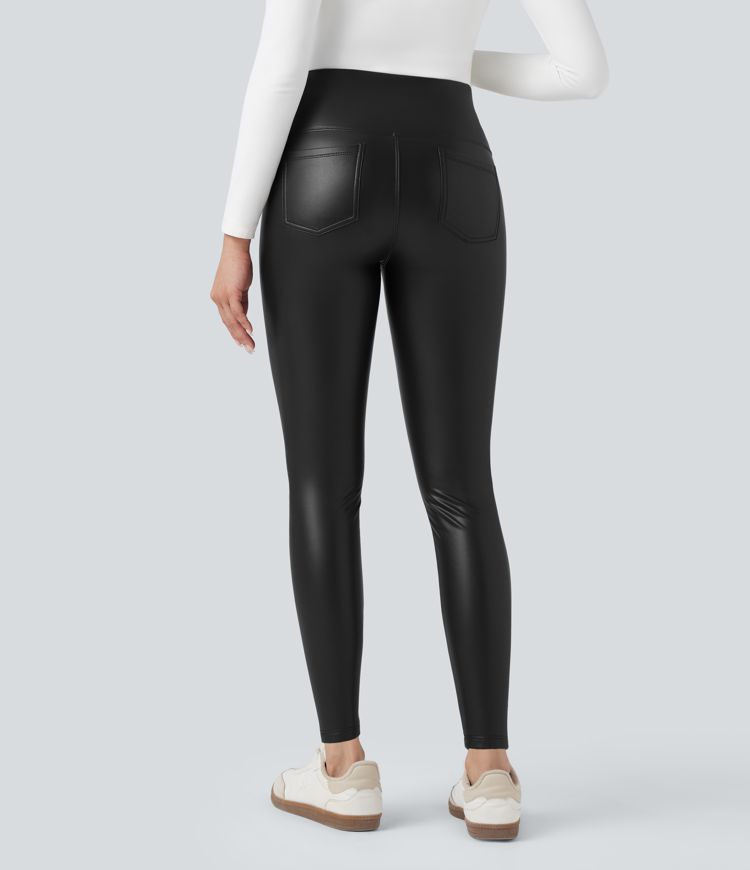 SoCinched High Waisted Tummy Control Stretchy PU Fleece 7/8 Skinny Casual Leggings with Pockets