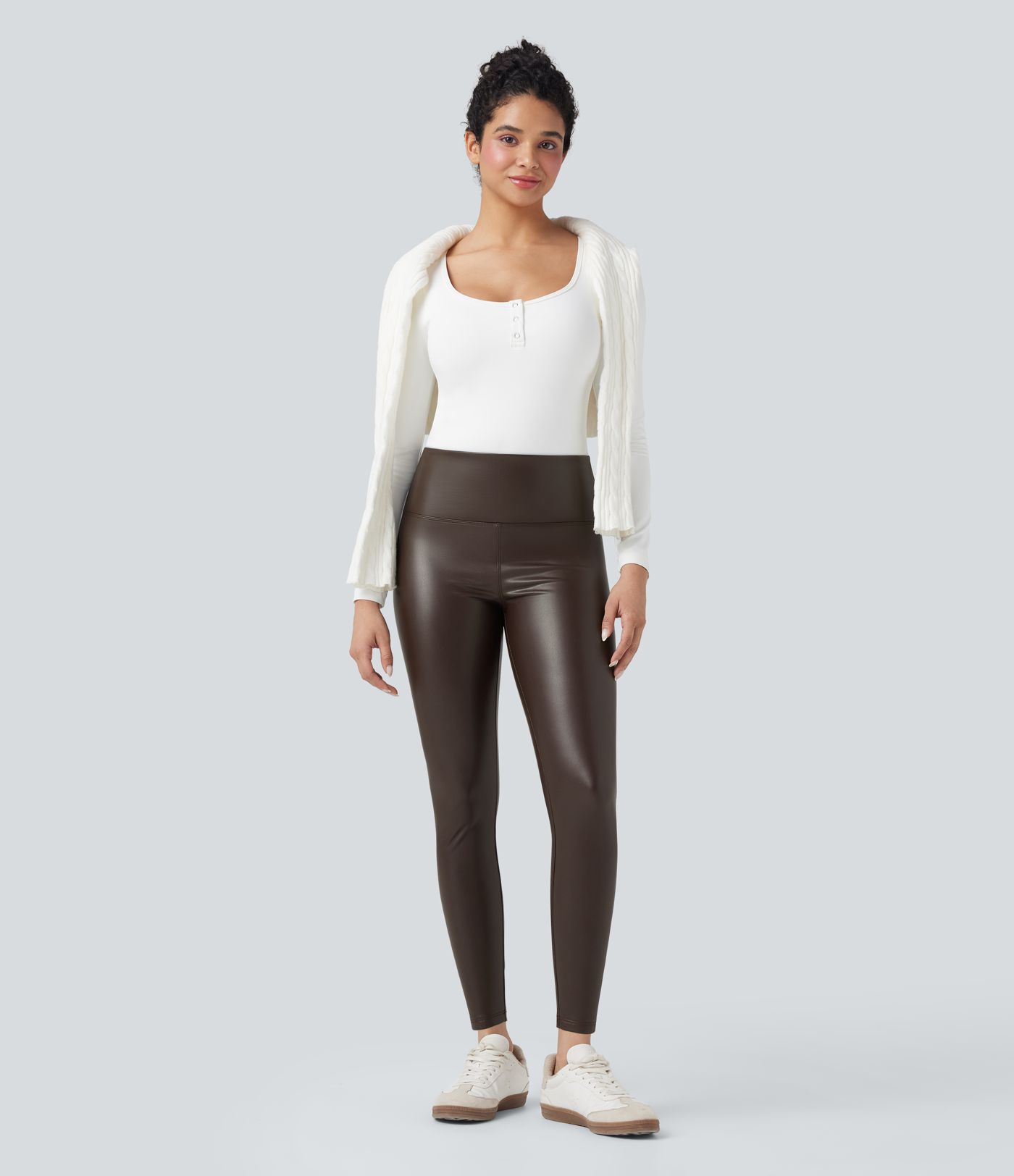 High Waisted Tummy Control Stretchy PU Fleece 7/8 Skinny Casual Leggings with Pockets