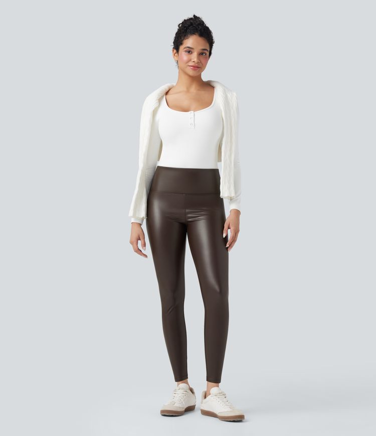 High Waisted Tummy Control Stretchy PU Fleece 7/8 Skinny Casual Leggings with Pockets