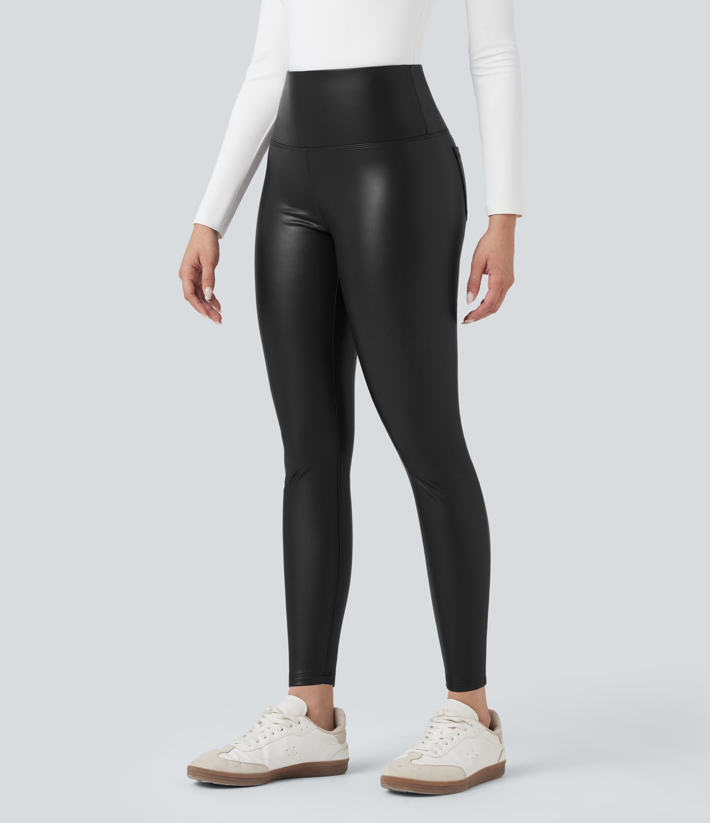 SoCinched Visoko struk kontrolirajuće rastezljive PU flis 7/8 uske casual tajice s džepovima