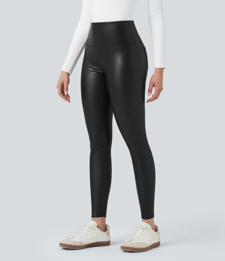 High Waisted Tummy Control Stretchy PU Fleece 7/8 Skinny Casual Leggings with Pockets