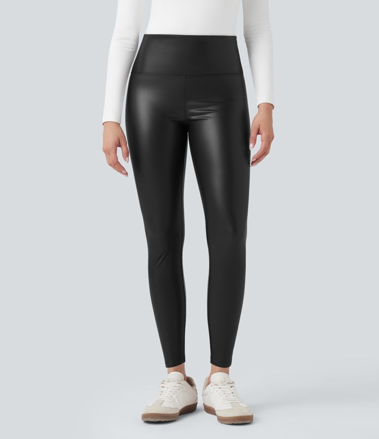 Lässige 2-in-1 Skinny-Leggings aus elastischem Kunstleder mit hohem Bund, Seitentaschen und Bauchkontrolle