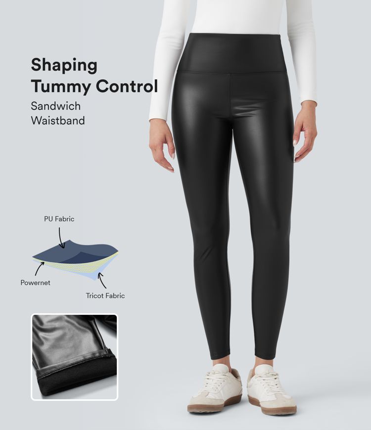 SoCinched High Waisted Tummy Control Stretchy PU Fleece 7/8 Skinny Casual Leggings with Pockets