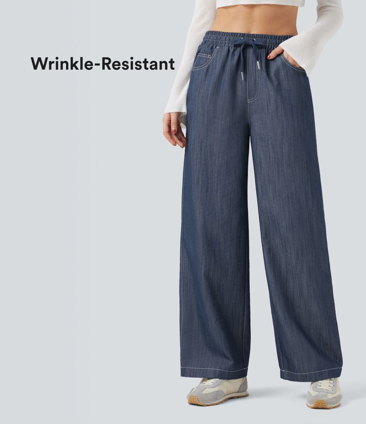 Wrinkle-Resistant High Waisted Drawstring Wide Leg Denim Like Casual Linen-Feel Trousers with Pockets