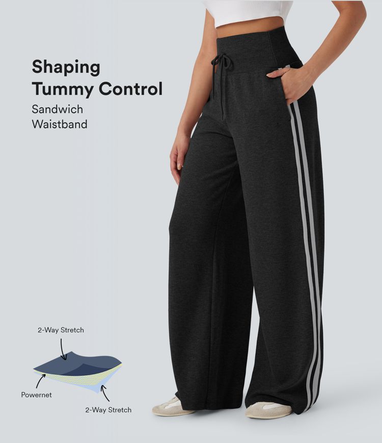Ribbed SoCinched High Waisted Tummy Control Drawstring Wide Leg Color Block Casual Pants with Pockets