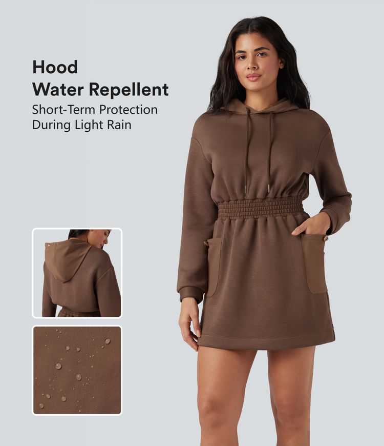 Hooded Drawstring Long Sleeve Mini Hiking Active Dress with Pockets