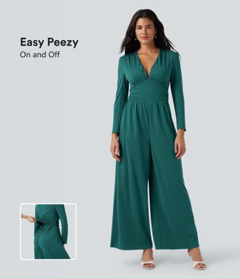 V Neck Long Sleeve Ruched Jumpsuit with Pockets-Easy Peezy Edition V Neck Long Sleeve Ruched Jumpsuit with Pockets-Easy Peezy Edition