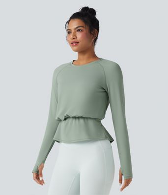 SoftlyZero™ Airy Round Neck Long Sleeve Thumb Hole Pleated Cool Touch Yoga Sports Top-UPF50+