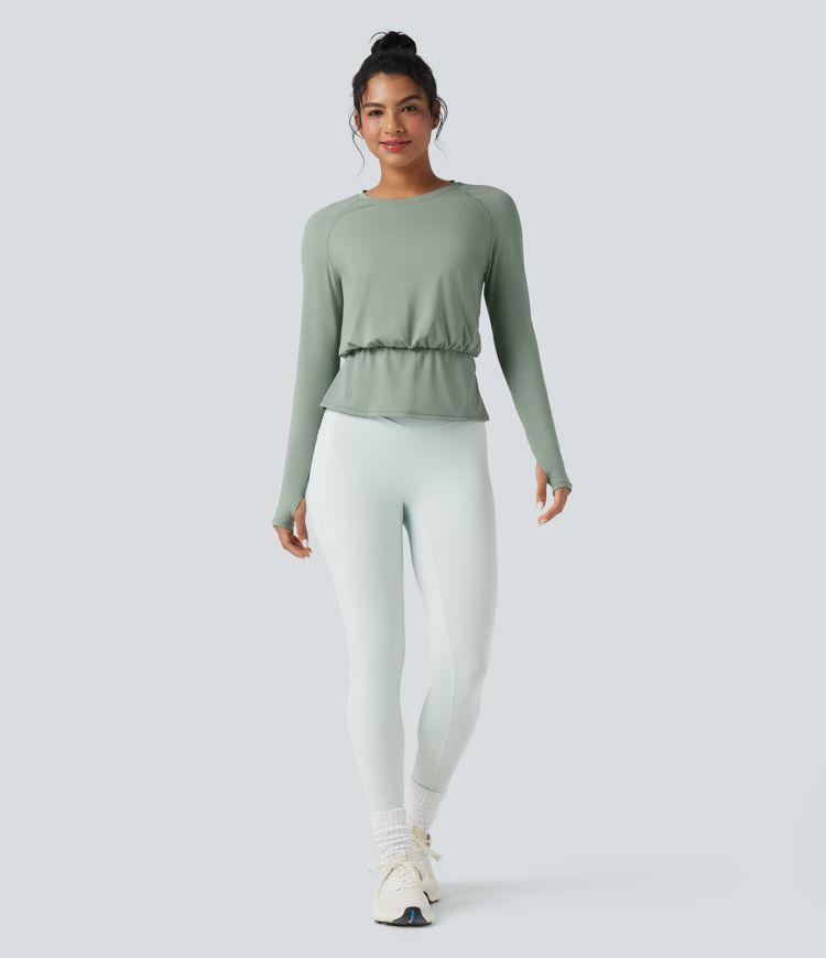 SoftlyZero™ Airy Round Neck Long Sleeve Thumb Hole Pleated Cool Touch Yoga Sports Top-UPF50+