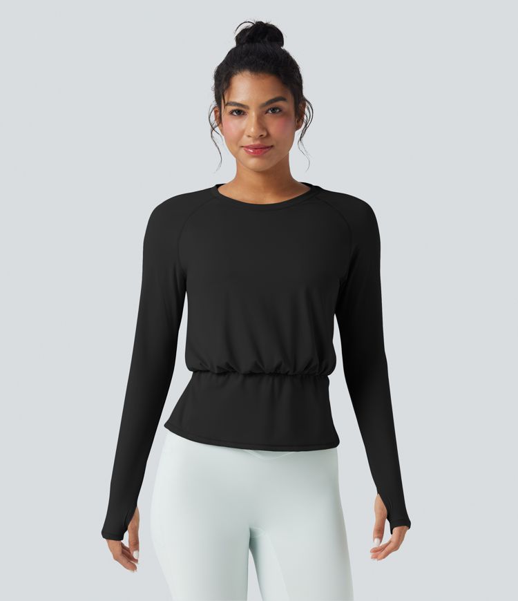 Noir Haut de sport yoga SoftlyZero™ Airy col rond manches longues avec passe-pouces plissé effet frais InstantCool, protection solaire UPF50+ / 2