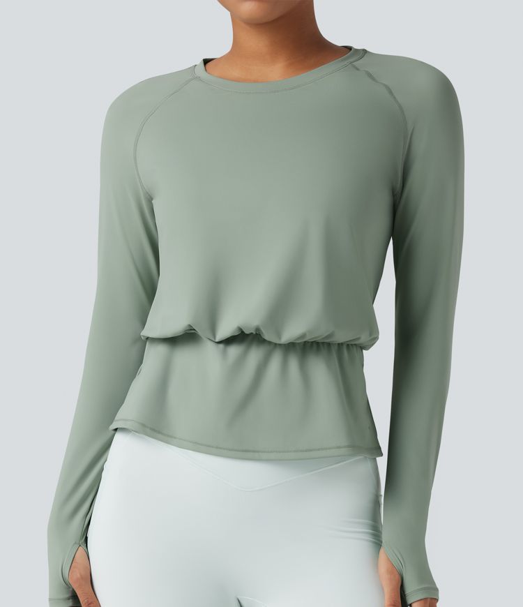 SoftlyZero™ Airy Round Neck Long Sleeve Thumb Hole Pleated Cool Touch Yoga Sports Top-UPF50+