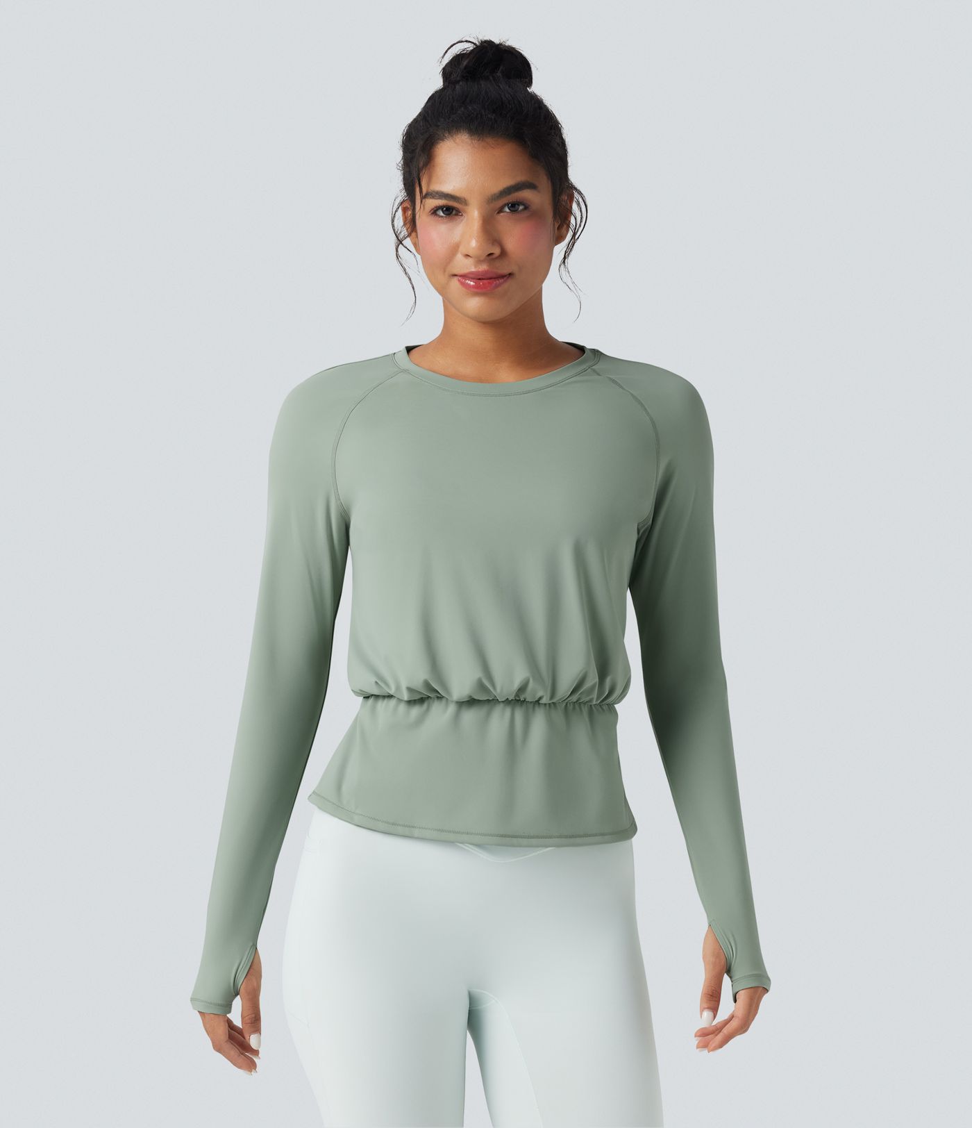 SoftlyZero™ Airy Round Neck Long Sleeve Thumb Hole Pleated Cool Touch Yoga Sports Top-UPF50+