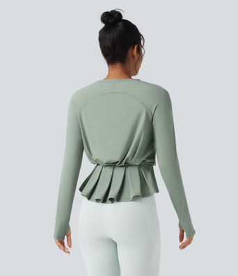 SoftlyZero™ Airy Round Neck Long Sleeve Thumb Hole Pleated Cool Touch Yoga Sports Top-UPF50+