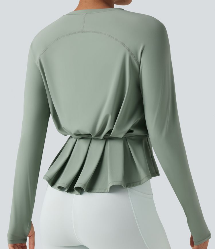 SoftlyZero™ Airy Round Neck Long Sleeve Thumb Hole Pleated Cool Touch Yoga Sports Top-UPF50+