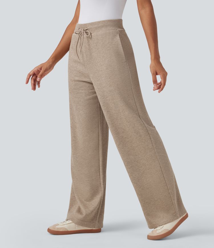 Ribbed Knit High Waisted Drawstring Casual Baggy Pants with Pockets