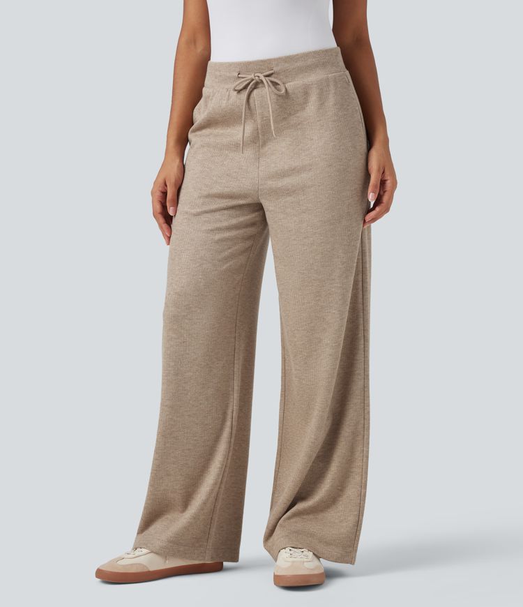 Ribbed Knit High Waisted Drawstring Casual Baggy Trousers with Pockets