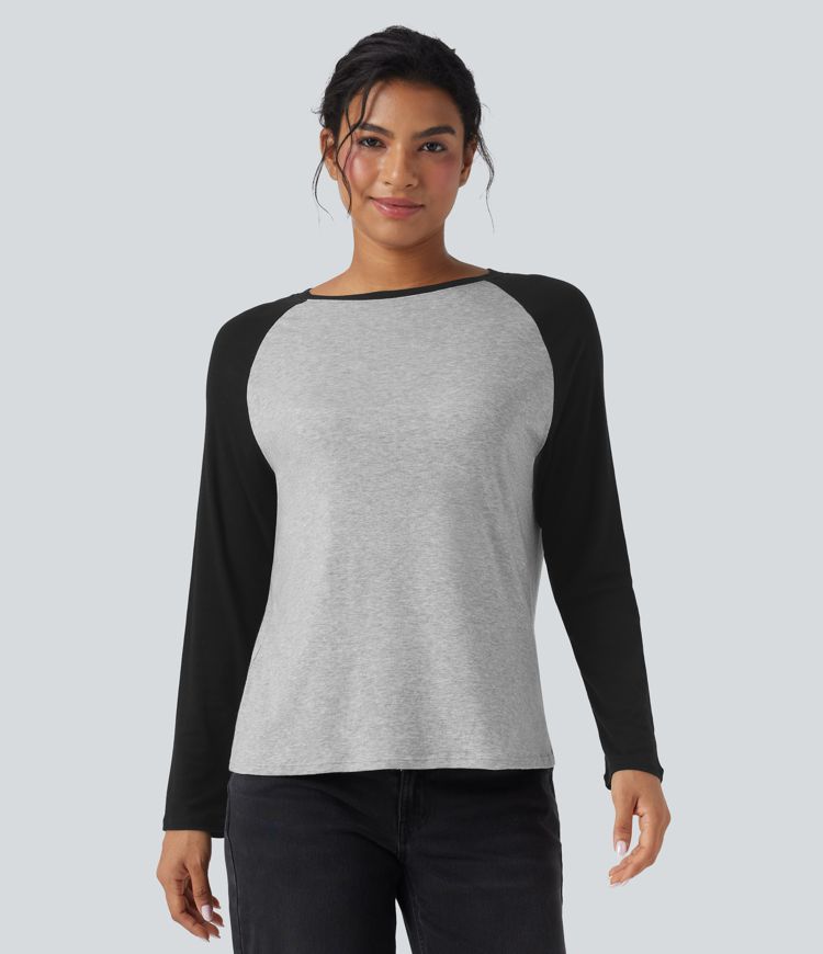 Rundhals-Raglan-Langarm-Colorblock-Freizeit-Top