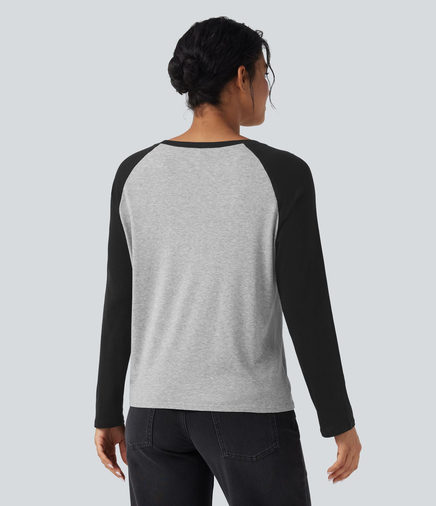 Rundhals-Raglan-Langarm-Colorblock-Freizeit-Top