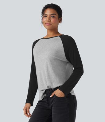Rundhals-Raglan-Langarm-Colorblock-Freizeit-Top