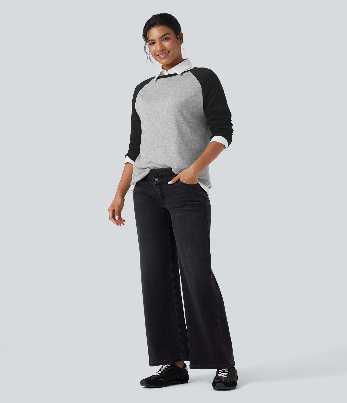 Rundhals-Raglan-Langarm-Colorblock-Freizeit-Top