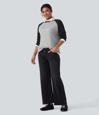 Rundhals-Raglan-Langarm-Colorblock-Freizeit-Top