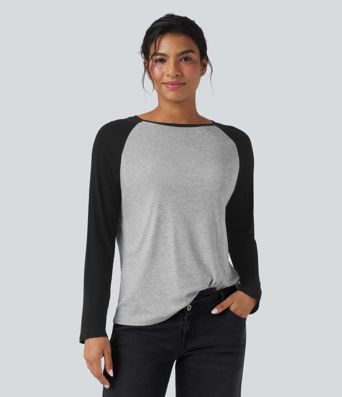 Rundhals-Raglan-Langarm-Colorblock-Freizeit-Top