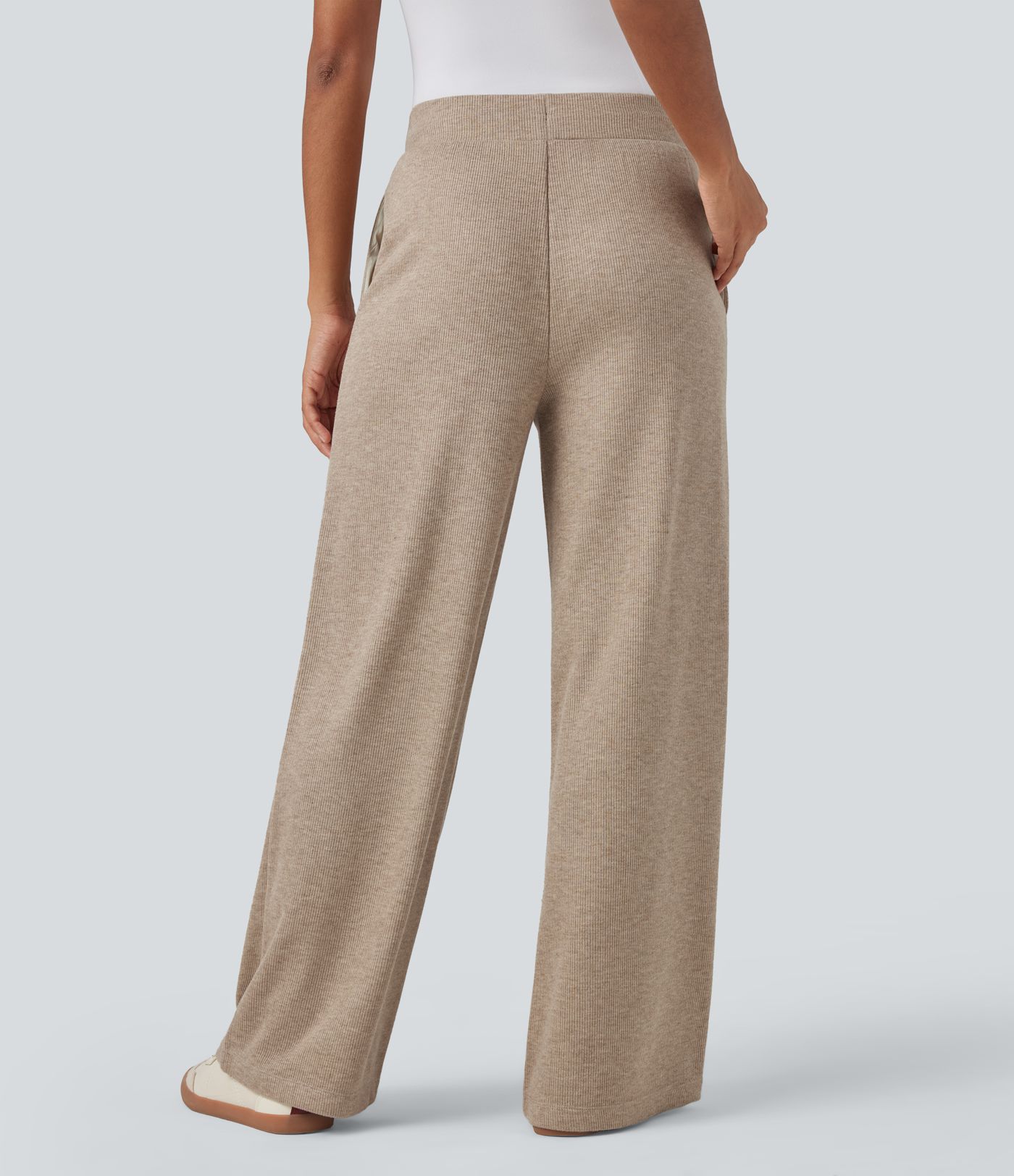 Ribbed Knit High Waisted Drawstring Casual Baggy Pants with Pockets