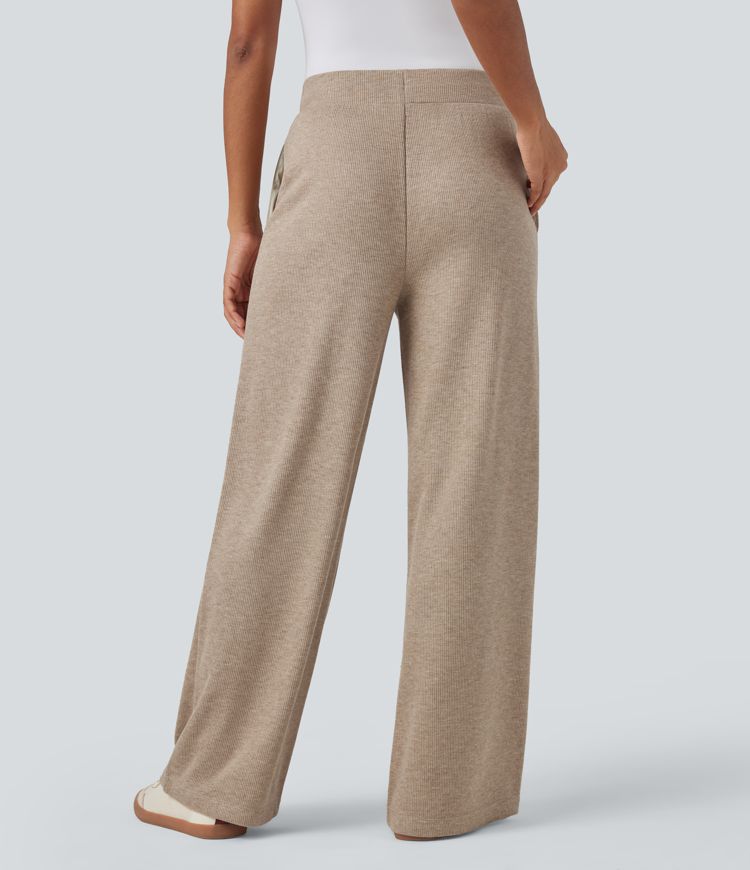 Ribbed Knit High Waisted Drawstring Casual Baggy Pants with Pockets