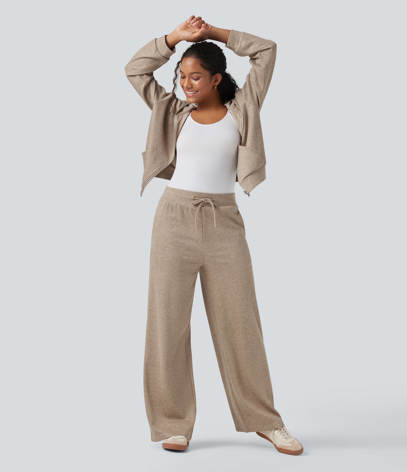 Ribbed Knit High Waisted Drawstring Casual Baggy Pants with Pockets