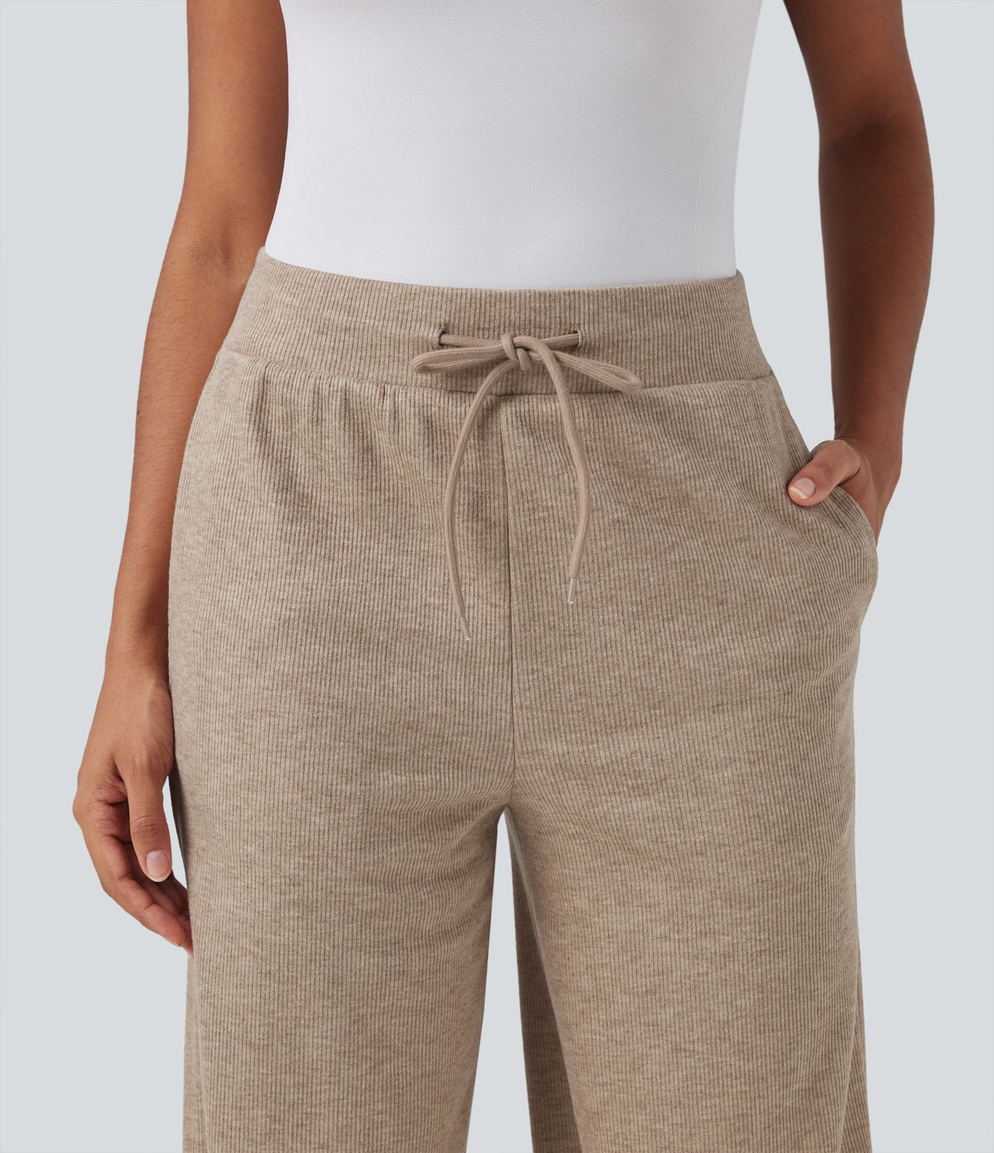 Ribbed Knit High Waisted Drawstring Casual Baggy Pants with Pockets