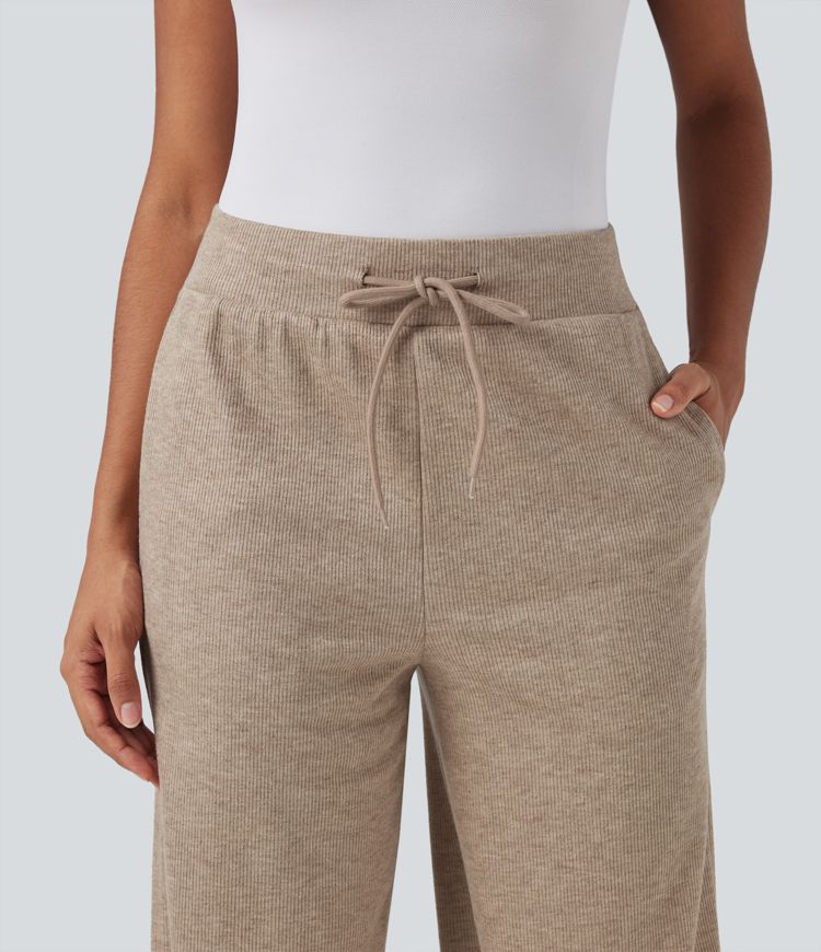 Ribbed Knit High Waisted Drawstring Casual Baggy Pants with Pockets