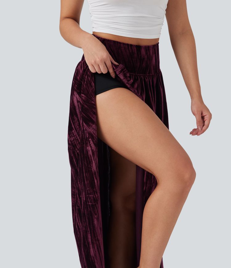 High Waisted 2-in-1 Velvet Maxi Casual Skirt