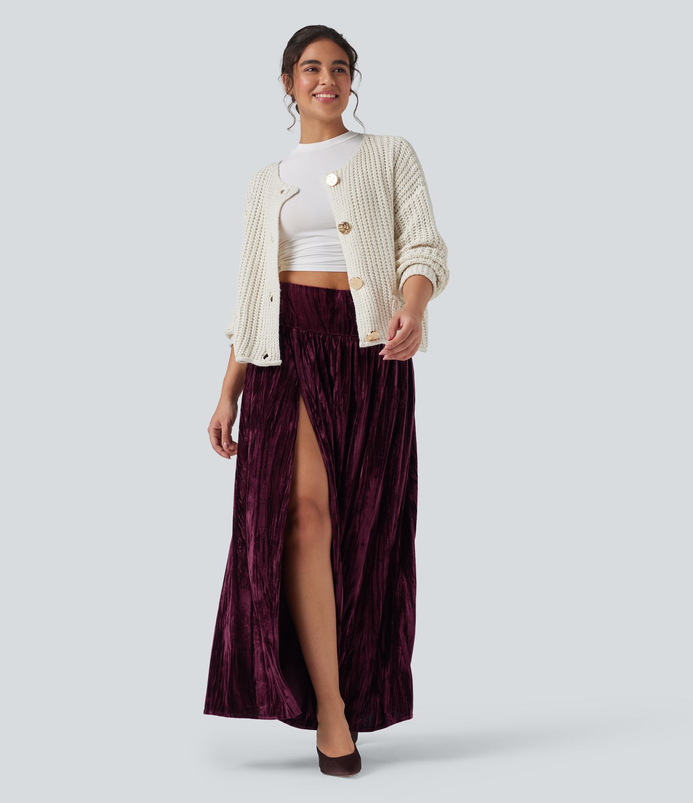 High Waisted 2-in-1 Velvet Maxi Casual Skirt