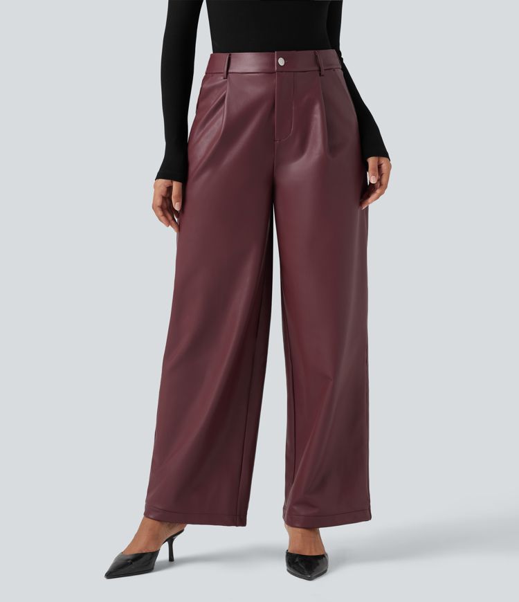 Pantalones casuales anchos de cuero sintético y polar con tiro alto y bolsillos
