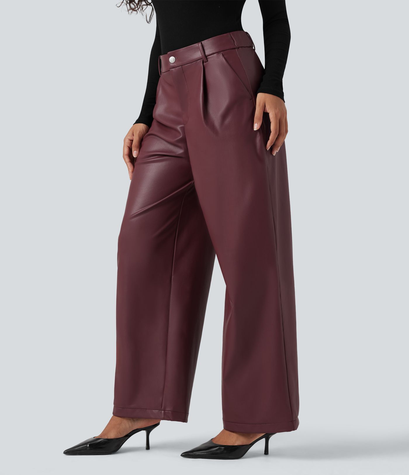 High Waisted Wide Leg Fleece Casual PU Leather Pants with Pockets